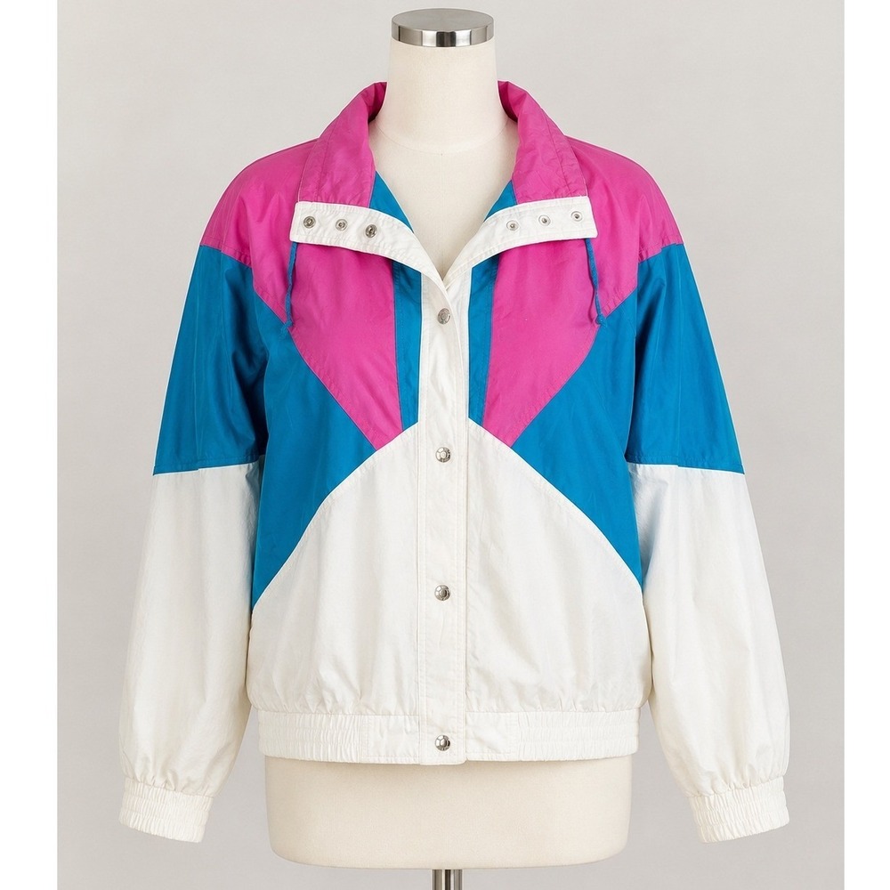 Vintage Current Seen Colorblock Jacket Pink Teal White Cotton Medium 80s 90s